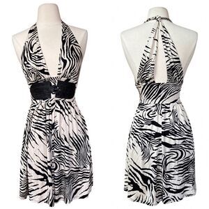 Vintage Peak 90s Y2K Marciano 100% SILK Tiger Zebra Stripe Buckle Babydoll Dress